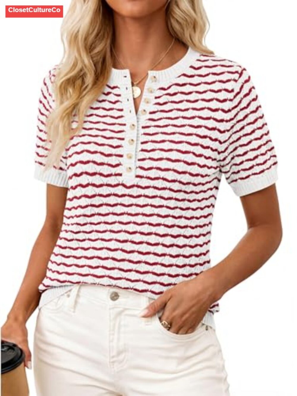 Womens Striped Short Sleeve Henley Sweater Acrylic Cotton Button Knit Top